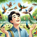 Create a visually appealing image featuring a young man with a joyful expression, who enjoys birdwatching. Show him in a serene park setting, with lush green trees and a clear blue sky in the background. Various birds of different sizes, from sparrows to peacocks, gracefully flutter around him, infusing the atmosphere with energy and color. Howard, the central character, is an Asian man of medium build, who is fascinated by the splendid birds in the park. Remember not to include any text in this image.