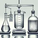 Create a detailed scientific illustration with a trio of scenes: On the left, a relative density bottle, a versatile tool used in density calculation, lies empty on a grayscale, reflective, laboratory table. Its empty weight, 25 grams, is represented with a hanging scale indicating 25 grams. In the center, the same bottle is presented full of an unidentifiable, colored liquid. A hanging scale shows a weight of 65 grams. On the right, the bottle is filled with crystal-clear water. Another hanging scale reveals a weight of 75 grams. Note: all three scenes should be without any textual indications.