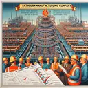 An illustration showcasing the Rathburn Manufacturing Company, distinguishable by its emblem of electric wiring. Display a vivid depiction of the production process of electric wiring, intertwining down the assembly line. Nearby, construct a representation of the construction industry, with a couple contractors of varying descents and genders, discussing plans while holding blueprints. Include an implied satisfaction survey held by one of the contractors, distinguished by checkmarks and scales, without explicit text. The contractors should visually be different, representing the diversity among the 900 contractors, but only a select 35 are holding the survey, illustrating the sample size.