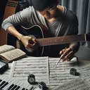 A young Asian male gracefully plucks the strings of his acoustic guitar, immersed in the melody he's rehearsing. Scattered around him, sheet music papers lay open, their musical notes dancing with the rhythm of his strumming. Nearby, a metronome ticks steadily, embodying his unwavering commitment and dedication to his craft. The scene highlights the themes of preparation, dedication, and the achieving of mastery through consistent practice.