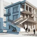 Create an architectural illustration. Picture a public building with a set of steps ascending one meter. Part of this staircase is being converted into a wheelchair-accessible ramp, in accordance with city guidelines stating that the ramp's angle of inclination cannot exceed 4.5 degrees. Render the building from a side angle, prominently featuring the stairs and the proposed ramp, which ends at the building's entrance. Make sure the picture is devoid of words or numbers, paying primary attention to the geometric and architectural design of the scene without focusing on specific measurements or scale.