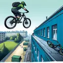 Illustrate a detailed action scene where a bicyclist, with an athletic build and clad in green protective gear, is riding his black mountain bike at a fast speed off a flat roof. The building on which he does this stunt is painted blue and stands 3.6 meters high. Below, an expansive park waits for the biker’s daring landing. Capture the moment right as the biker takes off from the roof, so the distance between the edge of the building and the prospective landing spot remains a mystery.