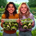Visualize a lush green scenery by a pond, filled with frogs. The scene depicts two young girls with an air of accomplishment. One Caucasian girl with blonde hair, presumedly Lisa, is delicately holding a container filled with roughly 20 frogs. On the other side, a Hispanic girl with dark brunette hair, likely Jen, smiles widely while cradling 5 much-loved frogs. They're both wearing casual attire suitable for an evening spent catching frogs. The overall atmosphere resembles the happiness of a task achieved and a mystery solved. Remember, the image should contain no text.