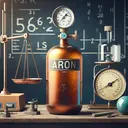 Create an artful image of a science laboratory setting. The centerpiece is an amber-colored gas cylinder labeled 'Argon' with a pressure gauge attached to it. Nearby on a bench, have a graduated measuring device with the volume '56.2 Liters' visibly marked. Additionally display a balance scale, weight calibration set and a piece of chalkboard in the background. Please ensure no textual representation in the image.
