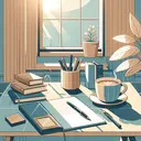 Create an image that reflects an educational setting, perhaps a calm study environment. Perhaps it contains a desk featuring a notebook, a pen, and a warm cup of coffee, situated near a window with daylight streaming in, illuminating the scene. There is no text in the image. The setting is peaceful, fostering focus on academic tasks. The color palette aligns with the tranquil atmosphere, featuring soft blues, creams, and warm browns.