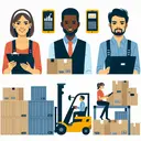 Create an image illustrating the theme of warehouse employees working in a logistics company. Show three employees: a Caucasian woman - Anne, a black man - John, and a Middle eastern man - Todd. They should be represented in equal positions, busy with their daily tasks in the warehouse setting. Depict elements such as boxes, forklifts and shipping containers. Do not add any text to the image.