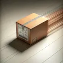 An illustration of a physics experiment. A mid-sized brown cardboard box with a weight label marking it as 5.7 kg. This box is on a plain flat surface, perhaps a wooden floor with visible texture. The box is captured in motion as it slides with speed. Despite its momentum, the box's motion is gradually coming to a full stop due to the friction between it and the surface, visually marked by lines indicating slowing speed. Show a physics equation nearby for context, but without actual numbers or text. The lighting is bright and even.