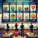 Create an image that visually represents the concept of probability and choice at a restaurant. Display an ideally designed restaurant with a prominent, colorful five-item menu board on the wall, yet make sure it doesn't contain any text. Also, illustrate four distinct customers who are poring over the menu, each deciding on a different meal option. Their choices should be represented by symbolic items (plate with fresh salad, burger, pizza slice, and spaghetti) they are holding, intending to order. The place must be bustling with fresh energy as it's newly inaugurated.