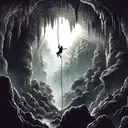 Illustrate a scene in a dark cave where an individual is being hoisted up towards the entrance by a rope system. The rope is taut and the person is mid-air, struggling to ascend. The person is of Middle-Eastern descent and female. The cave is 30.1 meters deep with rough, textured walls and looming stalactites. The light is faintly coming in from the mouth of the cave, creating a dramatic contrast between the bright outside and the gloomy depths of the cave. Make sure the image contains no text.