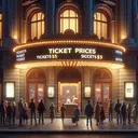 Create an image of a large, ornate theater in the city at night, aglow with warm, inviting lights. The doors are open, and a few people are standing around the entrance. An anonymous worker is at the box office, where there's a sign showing ticket prices increasing in increments of $5. The crowd outside visibly dwindles with each ticket price increase. The theater's interiors should be visible through the open doors, revealing a bustling crowd inside, hinting at a nearly 'sold-out' show.