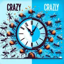 Create an imaginative illustration that encapsulates both phrases - 'Crazy busy' and 'Crazily busy'. Visually symbolize the idea of being 'crazy' or 'crazily' busy. Maybe you could use an analog clock with hands spinning at fast pace to portray a sense of urgency and chaos. And to represent busy, let's have ants working relentlessly in a line, carrying heavy loads of food particles. To individualize the two sayings, split the image into two halves, each illustrating one of the phrases.