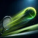 A vivid depiction of an accelerating green tennis ball making its path in mid-air. The scene captures the intense moment just before an incoming racket, tightly gripped and prepared for a powerful strike, collides with the tennis ball. The imminent strike hints at a substantial rebound that will launch the ball towards the opponent's court. Detail to be given to the velocity and spinning motion of the ball, the net-like pattern on the racket, the tension in the swing, and the anticipation of the impactful hit.