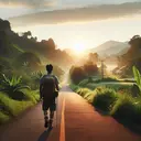 Create an image illustrating a peaceful, rural road with lush greenery on both sides, sun just peeking over the horizon denoting early morning. Display a person of South Asian descent, wearing hiking boots and a backpack, walking at a brisk pace. Don't show any text on the image.