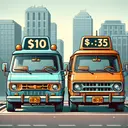 Create an image of two shuttle vans side by side. The first one is painted light blue with a large golden $10 symbol on its side and a meter showing $0.10 per mile. The second shuttle is painted orange with no visible pricing on it, but a meter shows $0.35 per mile. The scenery should be urban, with tall buildings and streets around them, hinting at the city environment where they operate. Use a realistic style for this image.