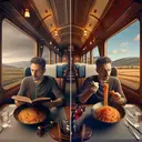 Generate a visually evocative scene in which a man, with Hispanic descent, is seen reading inside a luxurious train compartment suggestive of the Orient Express. The interior is richly appointed, evoking late 19th century design. The journey should be communicated by showing scenic views of the countryside through the window. In the second part, make it seem as if the train car has been turned into a small film set. Illustrate the man, now with Arabian descent, eating spaghetti and listening to music, hinting at a surreal scene from a classic adventure film. Both the scenes should not contain any text.
