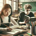 Generate a soft-toned, classroom-themed image featuring two diverse students. One should be an Asian female sketching poetic lines in a notebook, and the other should be a Middle Eastern male student with a book titled 'The Waste Land' in hand. The surrounding elements of the classroom could include wooden desks, wide windows, chalkboard, and a few study materials like textbooks, pens, and highlighters placed randomly. Please keep the image text-free.