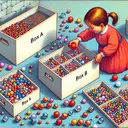 Picture a vivid scene of a playroom. Divided into two sections are two large boxes, one labeled 'Box A' and the other, 'Box B'. Prior to any movement of marbles, 'Box A' is densely filled with marbles that there are seven times the number of marbles in 'Box B'. A young girl, let's imagine her to be Hispanic and wears a red dress with white polka dots, is in the act of shifting 294 bright, shiny marbles from Box A to Box B. After her action, the marbles are distributed equally between the two boxes.