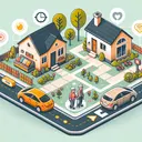 Create a visually pleasing image of a small neighbourhood. Set in the middle is a grandmother's cozy apartment, visually distinguishable by its warmth and homely appearance. There is a visible trail leading to a parking area about a minute or two away, depicted by small car icons. Otherside of the scene shows a home that has a masculine touch, indicating it belongs to a man named Juwan. Include various visual elements that depict the journey back and forth, like a car moving, the transition of time (sun and moon), and footsteps. The illustration should not include any text elements.