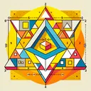 Create a strictly geometric illustration composed of an equilateral triangle in vibrant primary colors, such as yellow or red. Within this triangle, represent various square shapes inscribed, showing different possible positions and sizes. However, ensure that the image does not contain any written text or numerical representations.