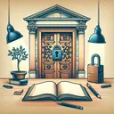 Craft an appealing image representing an academic setting where language and grammar are being studied. Showcase a classic wooden door with an antiquated lock system, symbolizing the phrase 'lock the door'. Do not include any text in the illustration.