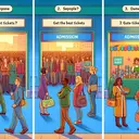 Create an image that narrates three different scenarios, coherent with the questions in the quiz. First, illustrate a scene with a crowd of diverse people standing in a queue in front of a movie theater early in the morning, suggesting the chance of getting the best tickets. Second, depict two separate scenes: one, a Caucasian man arriving late to a dinner in a restaurant, and the other a South Asian woman arriving late to a movie theater. Third, feature a scene of a colorful booth labeled 'admission' receiving donations of canned food and children's toys. There should be no text in the image.
