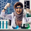 An energetic and enthusiastic female Middle-Eastern science teacher is standing in a laboratory setting. She is wearing safety glasses and a lab coat. In front of her are two clearly labeled glass beakers, one containing a 50% sugar solution, marked with vivid blue liquid, and the other a 80% sugar solution, marked with a vibrant green liquid. She's preparing to measure out different volumes of each solution, with measuring cylinders of 35ml and 70ml on the lab bench. Also depicted is a larger beaker or flask labeled 'Mixing', ready to receive the combined solution. The background shows various scientific posters and other laboratory equipment.