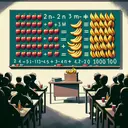 Illustrate an image of a chalkboard in a classroom setting. On the board, sketch a mathematical equation with the form 2n + 3m = 100, represented abstractly with rows of identical solid color apples (for 'n') and bananas (for 'm'). Each group of two apples signifies '2n' and each group of three bananas signifies '3m'. The right side can be represented by a stack of one hundred same-color, different-shape fruits or objects. Remember, the image should contain no explicit text. The overall atmosphere should be calm, and enlightening as if in a classroom during a math lecture.